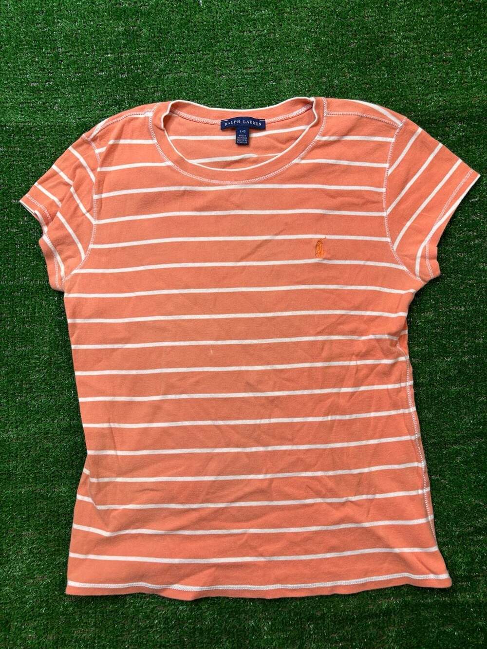 Ralph Lauren Striped T-Shirt Size L Orange White Short Sleeve Tee